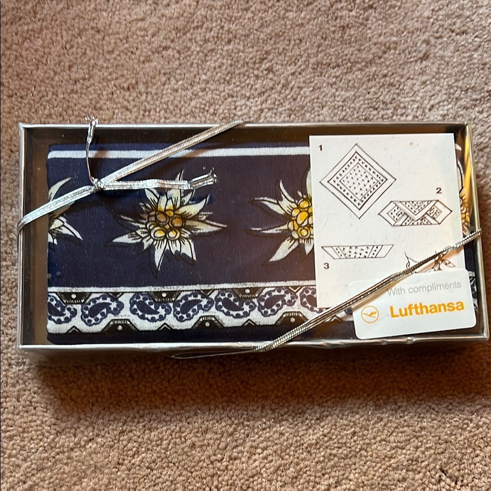 Rare Vintage Lufthansa Blue Floral Edelweiss Handkerchief